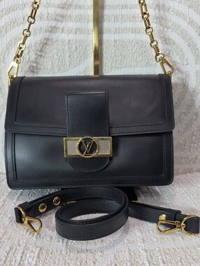 Louis Vuitton Dauphine MM  Black  Lambskin Leather Shoulder Bag with Gold Chain